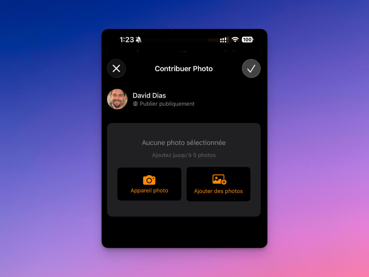 The contribute-a-photo screen with Camera and Add photos buttons