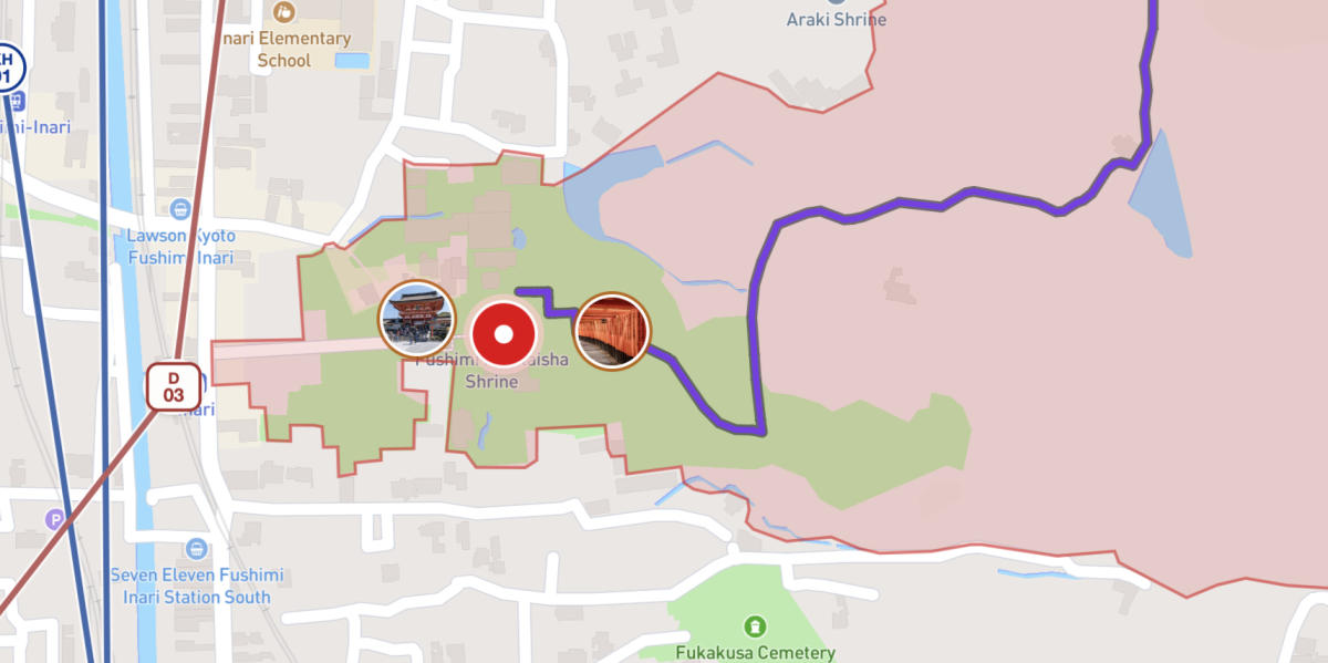 A map of Fushimi Inari Taisha with the trail route, nearby stations and building thumbnails
