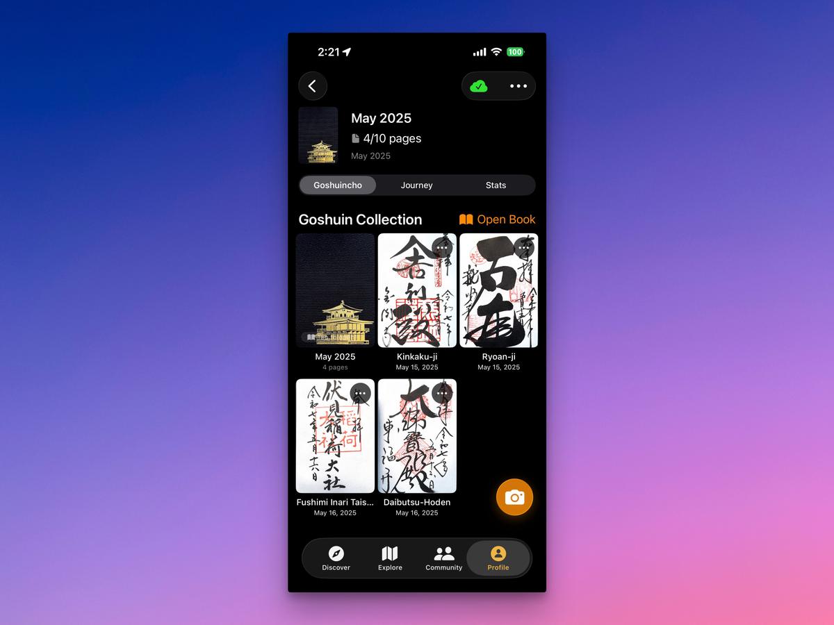 The Goshuin Collection screen with temple images and calligraphy