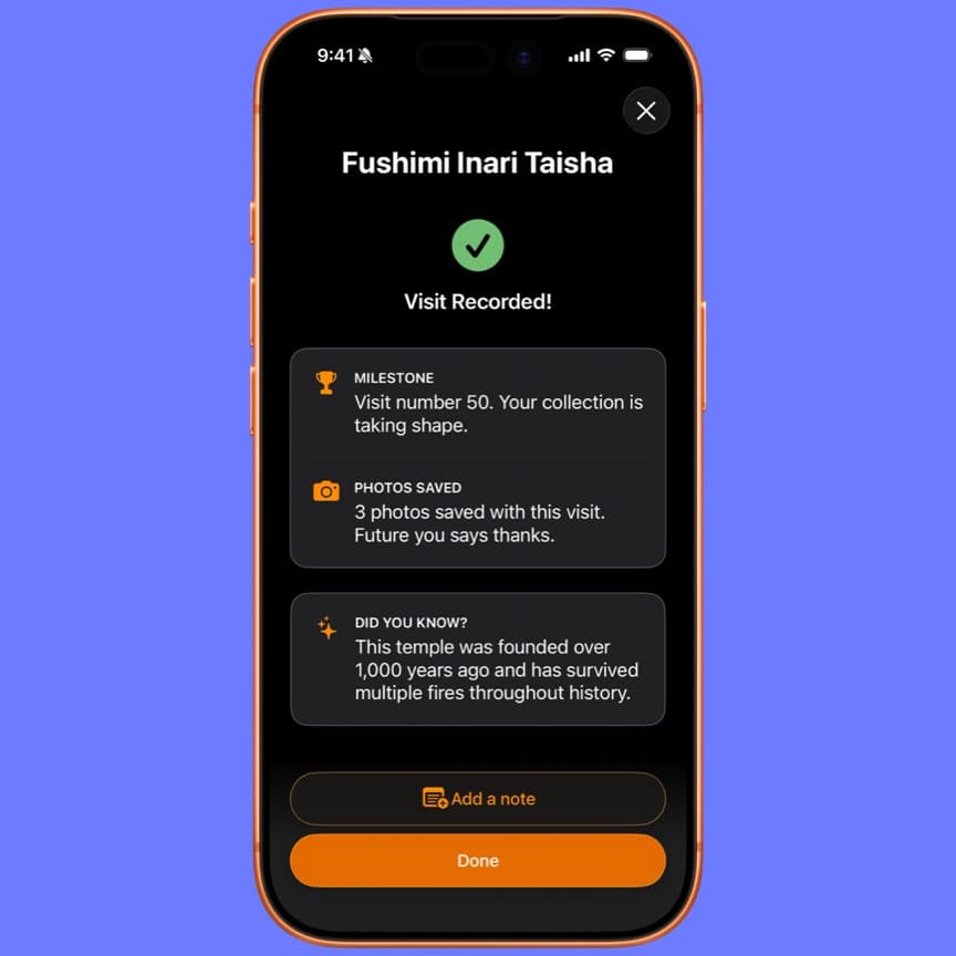 A recorded visit to Fushimi Inari Taisha with an Add a note button