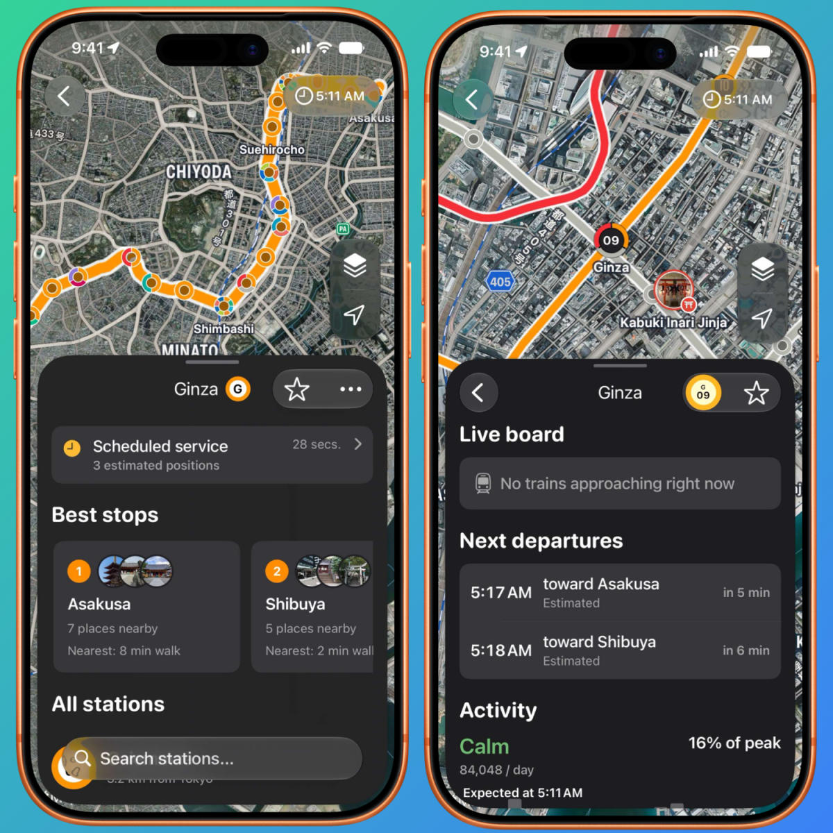 Two iPhone screens showing a Tokyo map with a highlighted train line, live departures and nearby places