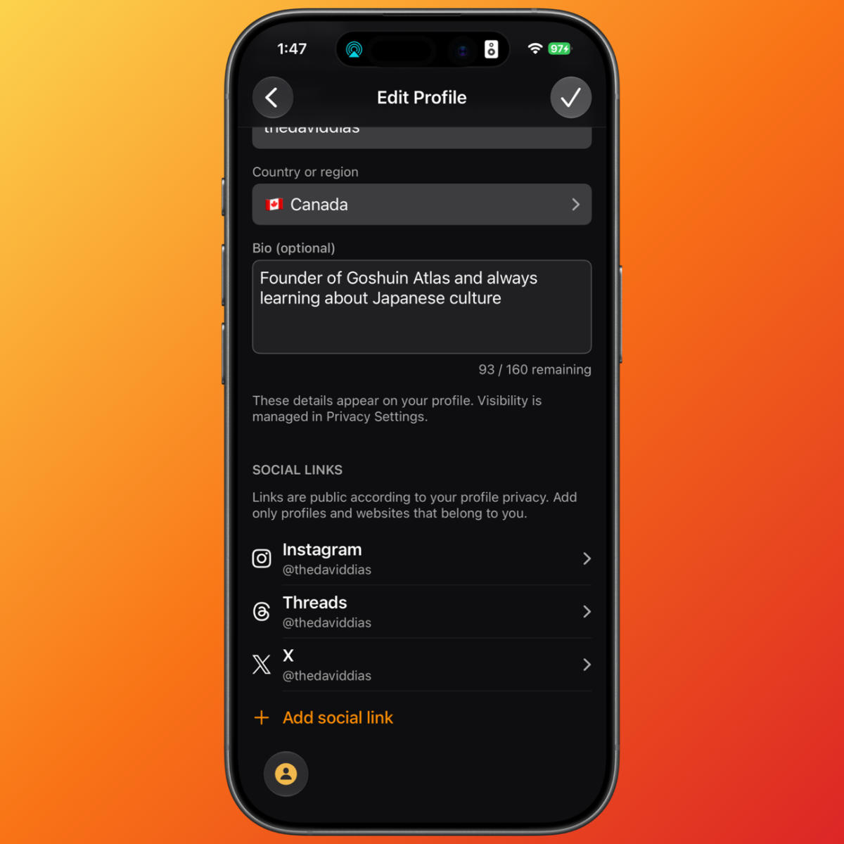 Edit Profile screen with fields for country, bio and social links