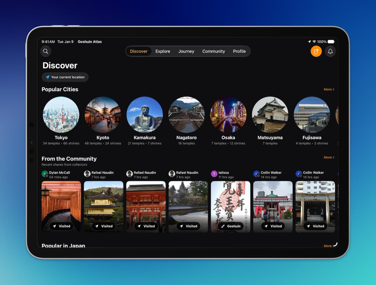 Goshuin Atlas Discover page on an iPad, with Japanese cities and community photos