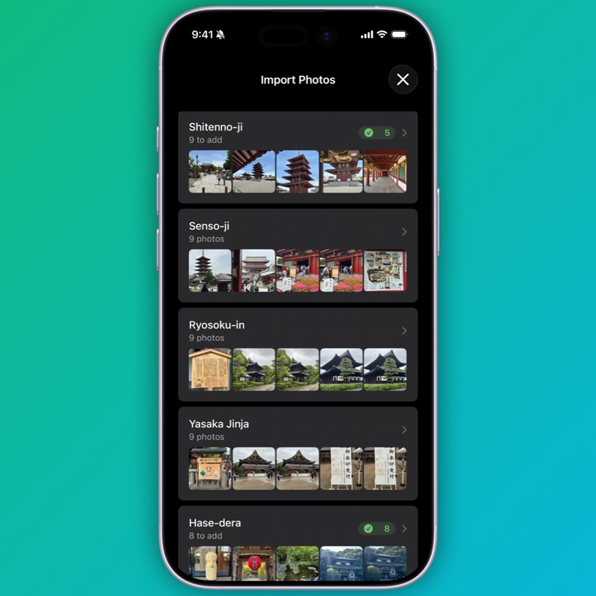 Imported photos being sorted and matched to nearby places