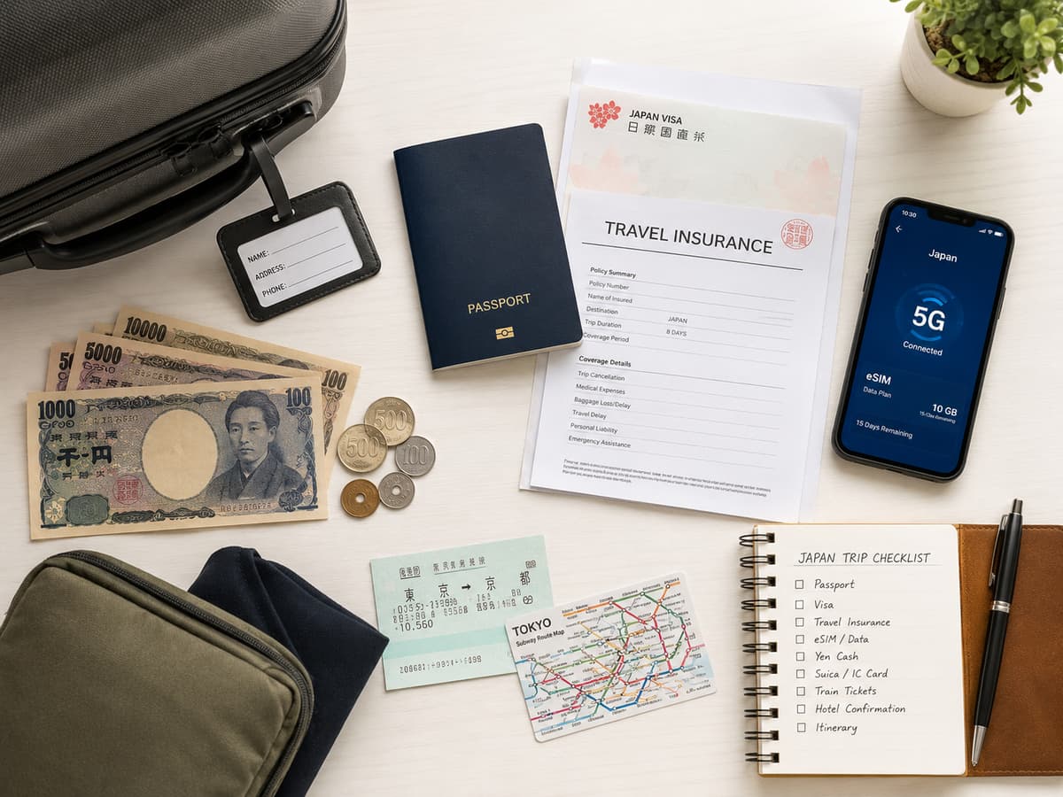 Japan trip checklist with passport, visa, travel insurance, eSIM, yen, tickets, hotel confirmation and itinerary.