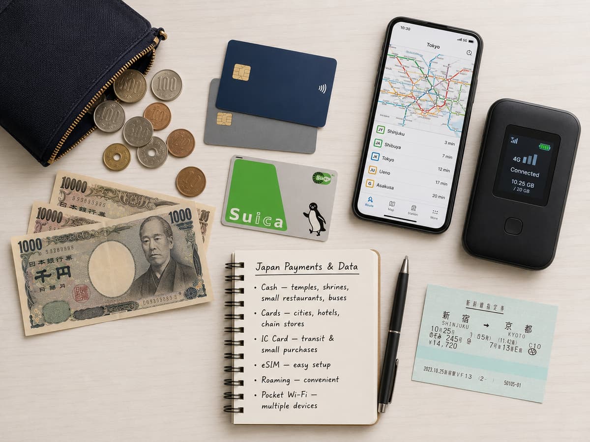 Japan payments and data: yen, cards, Suica, a route map, an eSIM and pocket Wi-Fi.