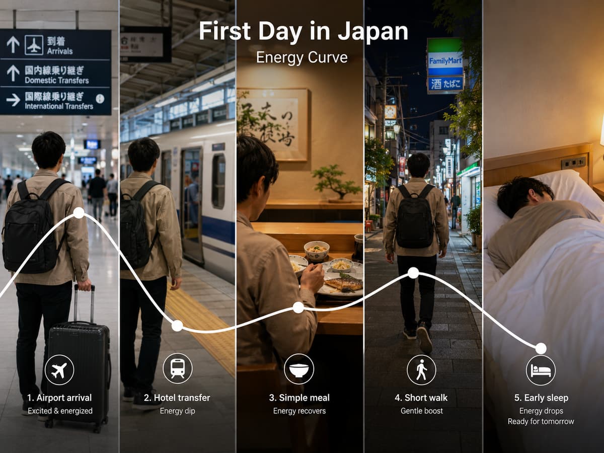 First Day in Japan energy curve: airport arrival, hotel transfer, simple meal, short walk and early sleep.