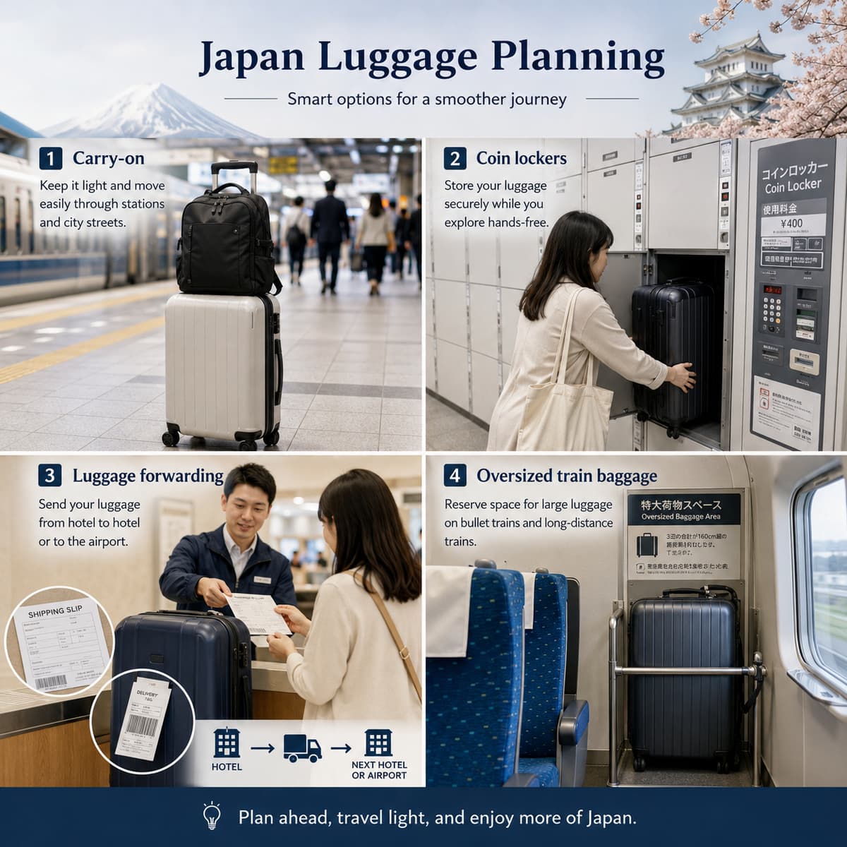 Japan luggage planning: carry-on, coin lockers, luggage forwarding and oversized train baggage.