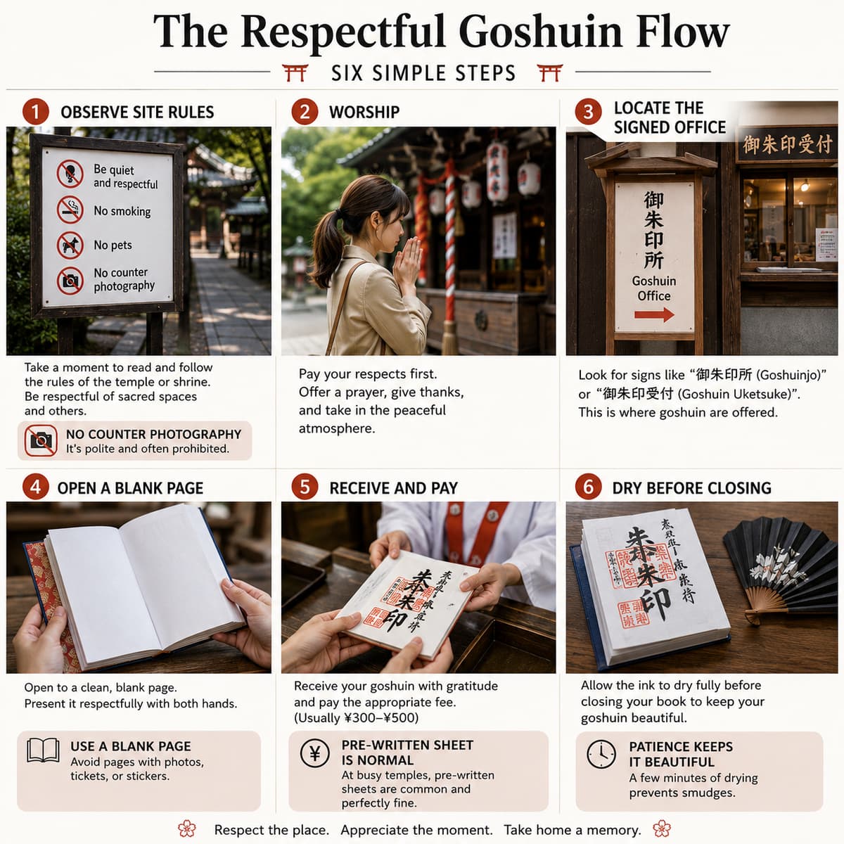 Six-panel guide titled "The Respectful Goshuin Flow" showing temple rules, prayer, a goshuin office sign, an open blank book, a stamp being received, and a book drying.