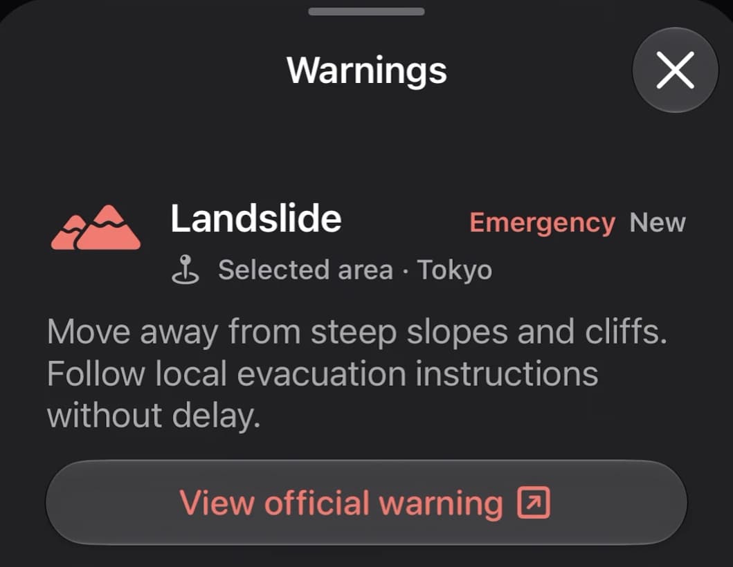 Goshuin Atlas Warnings panel showing the selected area and a View official warning button.